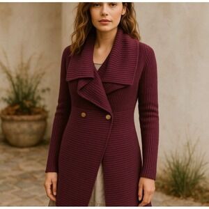 Cabi Portrait Collar Ribbed Knit Cardigan Sweater Plum Burgundy Small